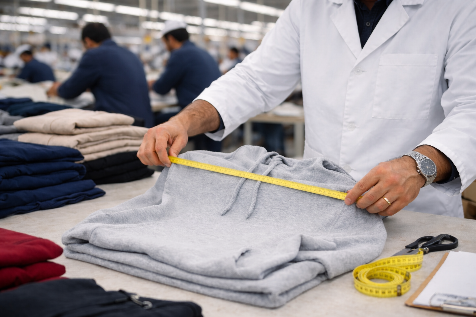 Quality control inspection at sportswear manufacturing factory in Pakistan