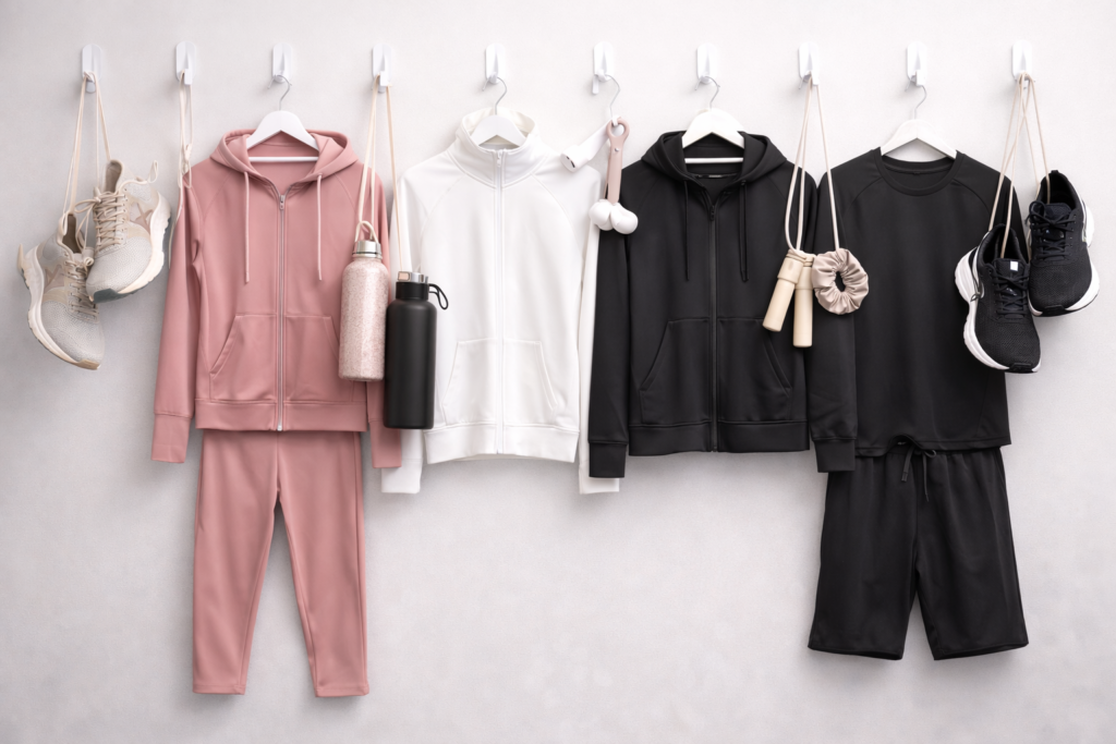 Men and women sportswear manufacturer showcasing jackets, hoodies, gym sets and activewear collection in bulk production display