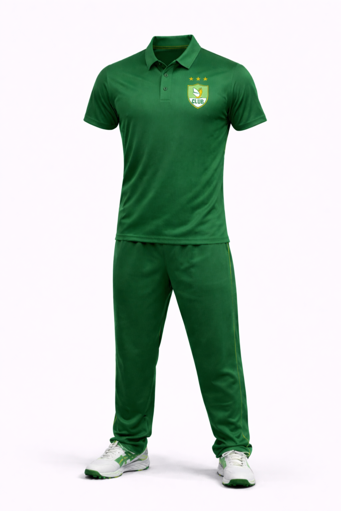 Custom cricket uniform green with side panel trousers manufactured in Pakistan for teams and clubs