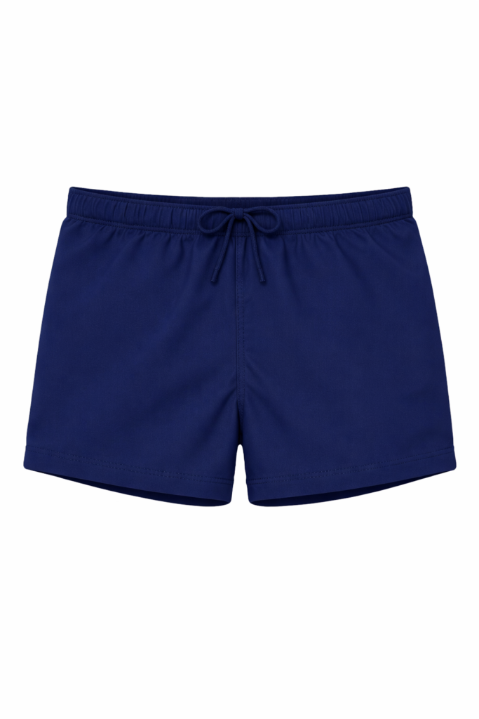 Kids navy blue swim trunks with elastic waistband on white background