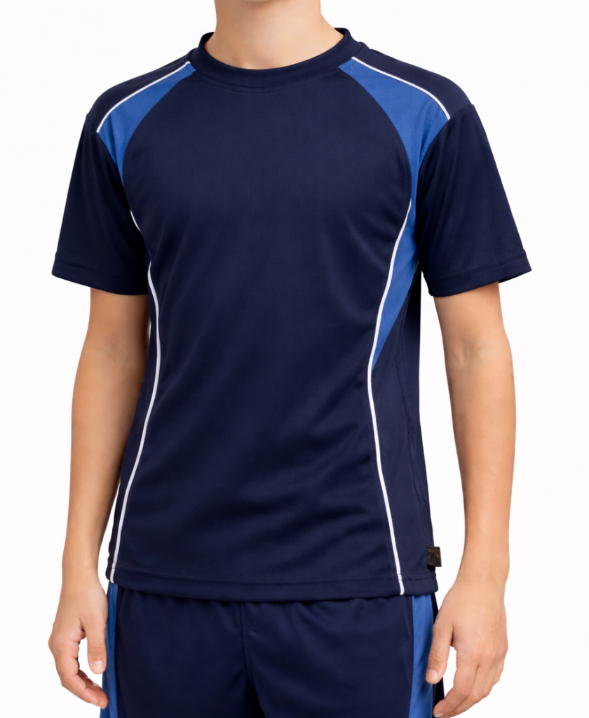 Kids school PE kit with sports t-shirt and matching shorts on white background