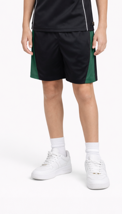 Kids school PE shorts manufacturer Pakistan black sports shorts with side panels