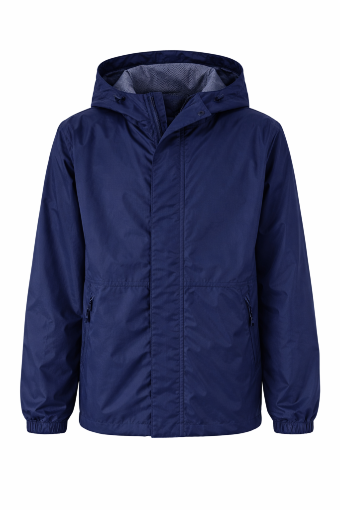 Kids navy blue school rain jacket waterproof hooded raincoat on white background