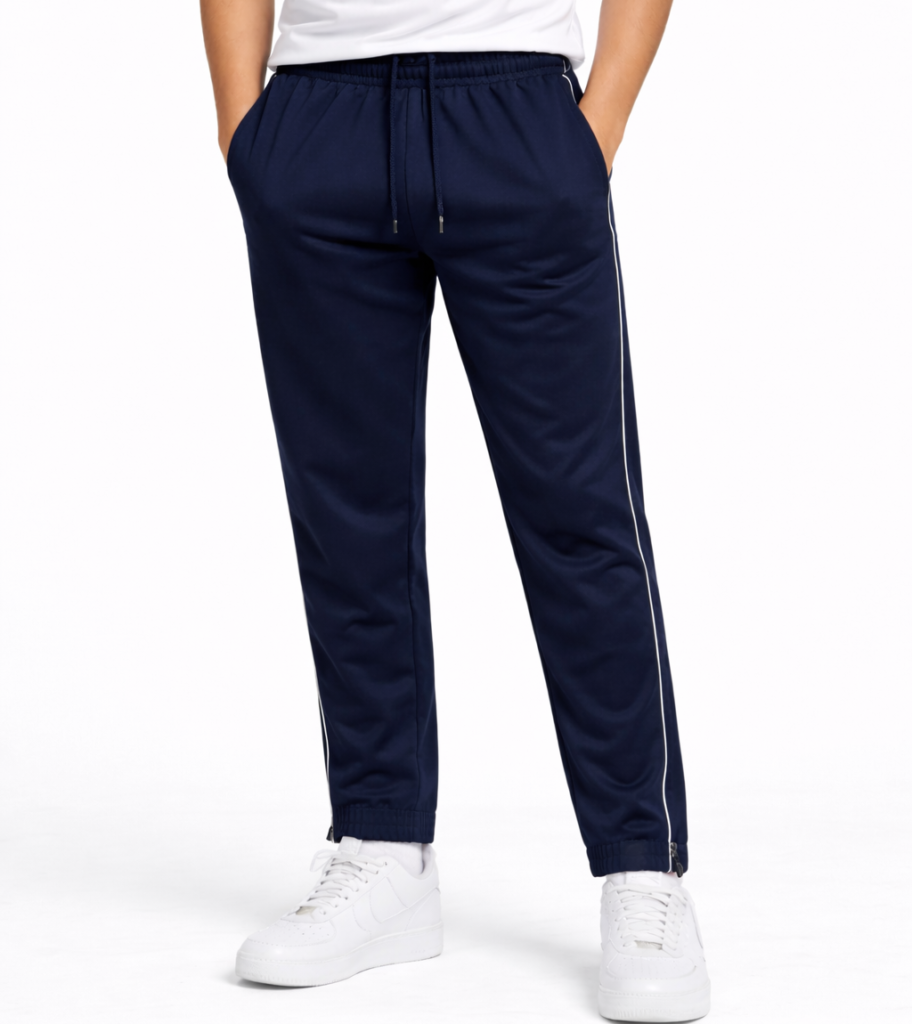 Kids navy blue school jogging bottoms with elastic cuffs and ankle zips on white background