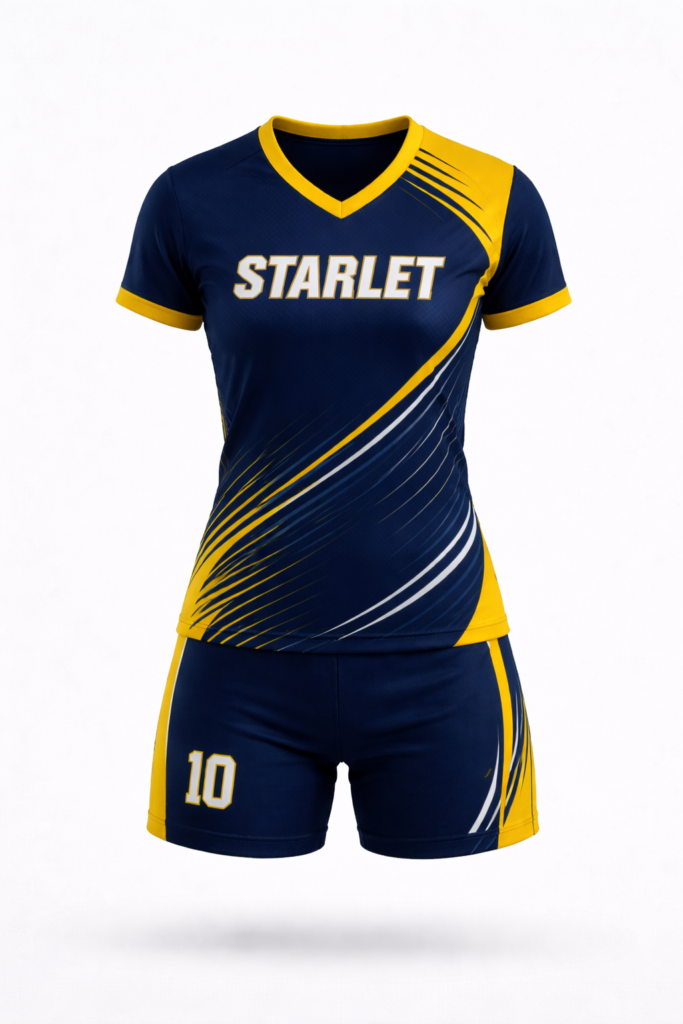 Custom volleyball uniform STARLET blue and yellow jersey and shorts manufactured in Pakistan