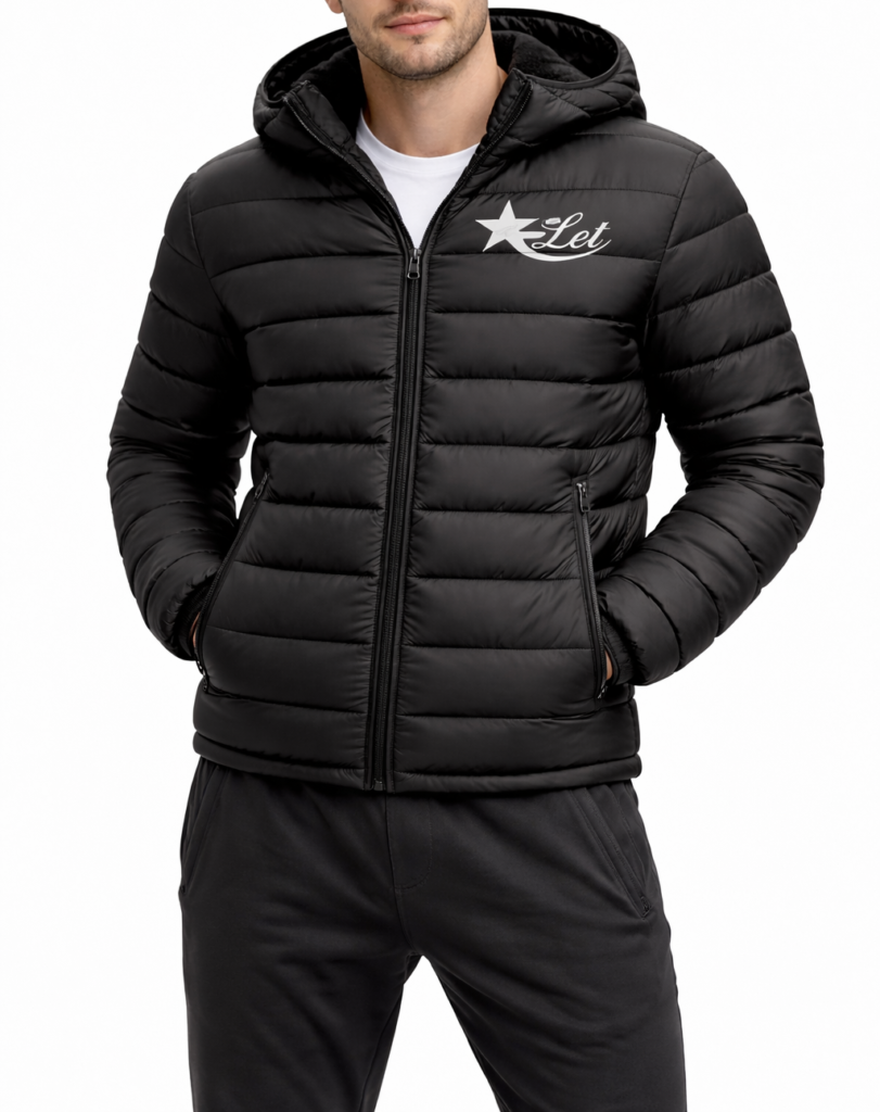Men black puffer jacket with small white starlet logo worn by male model on white backgroun