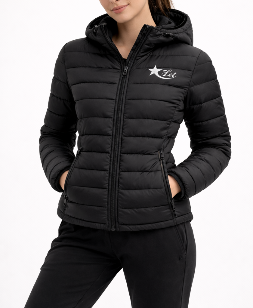 Women black puffer jacket with small white starlet logo worn by female model on white background