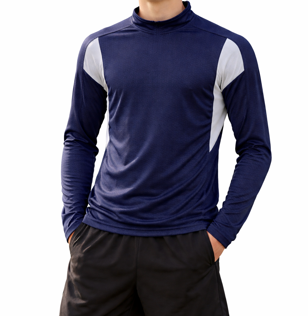Teen boy wearing navy long sleeve rugby top made by Pakistan manufacturer on white background