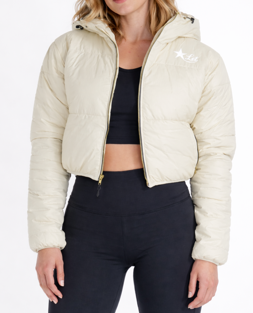Women cream cropped puffer jacket with white starlet logo on white background
