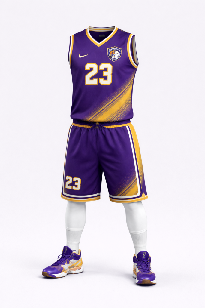 Custom basketball uniform set in purple and gold colors manufactured in Pakistan, including sleeveless jersey and shorts for team sportswear
