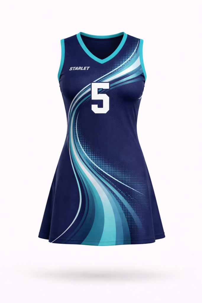 Custom netball uniform  blue sleeveless dress manufactured in Pakistan for teams