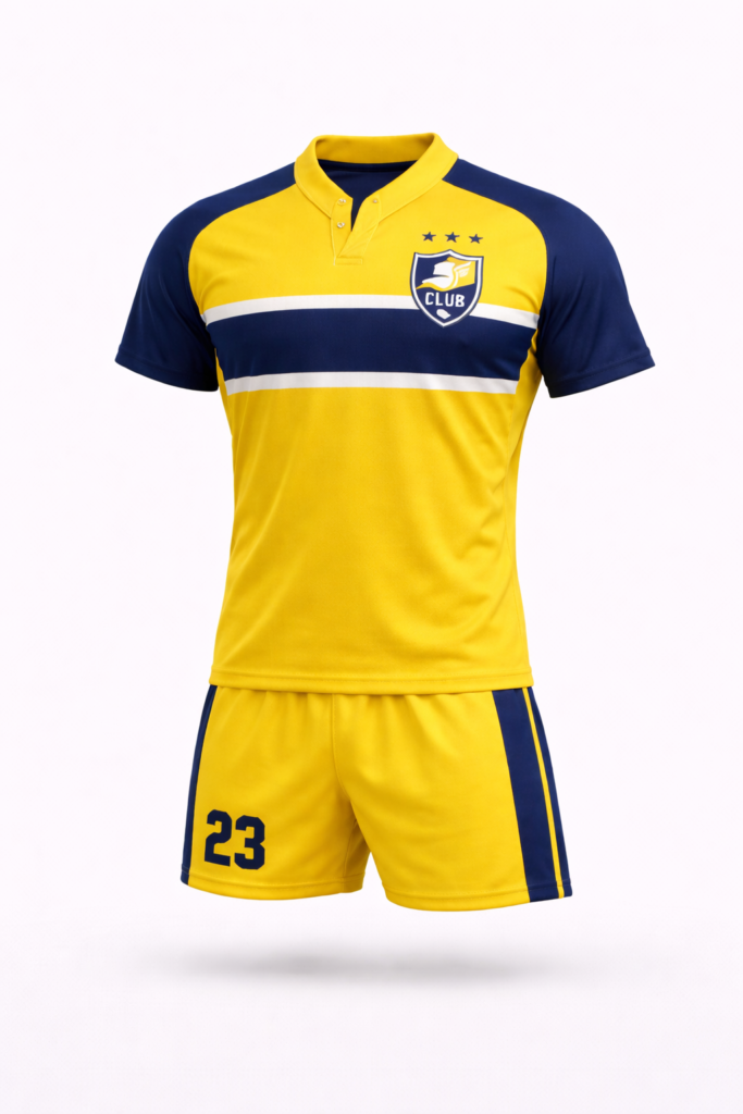 Custom rugby uniform yellow and navy manufactured in Pakistan including jersey and shorts for team sportswear