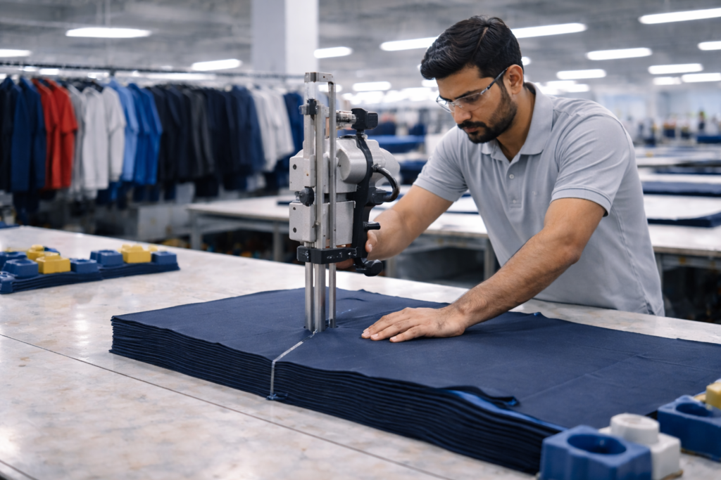 Worker cutting fabric with industrial machine at Starlet International sportswear factory in Sialkot Pakistan