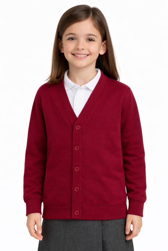 Kids maroon school cardigan button-up uniform sweater no pockets Pakistan manufacturer