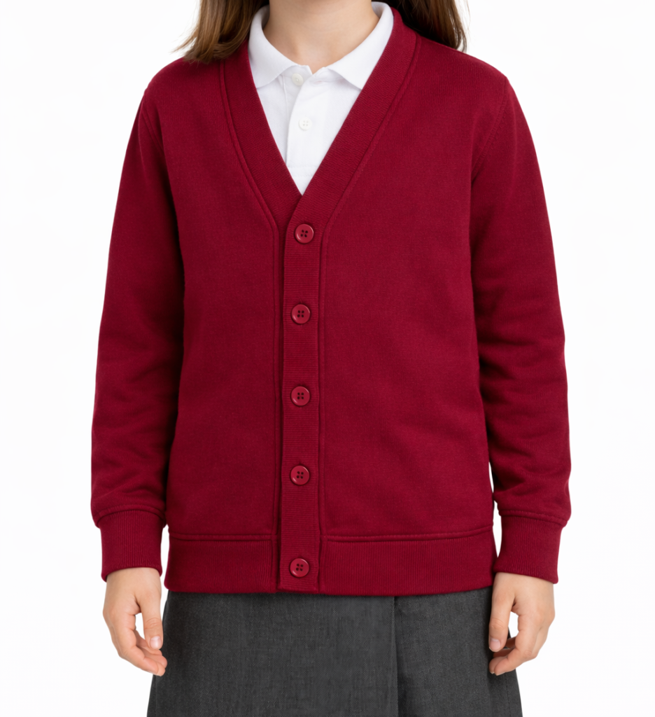 Kids maroon school cardigan button-up uniform sweater no pockets Pakistan manufacturer