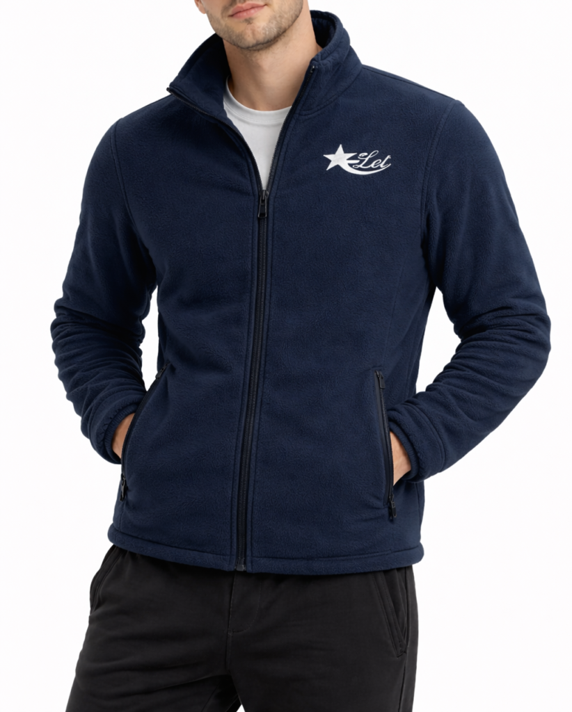 Men navy fleece jacket with white starlet logo worn by male model on white background
