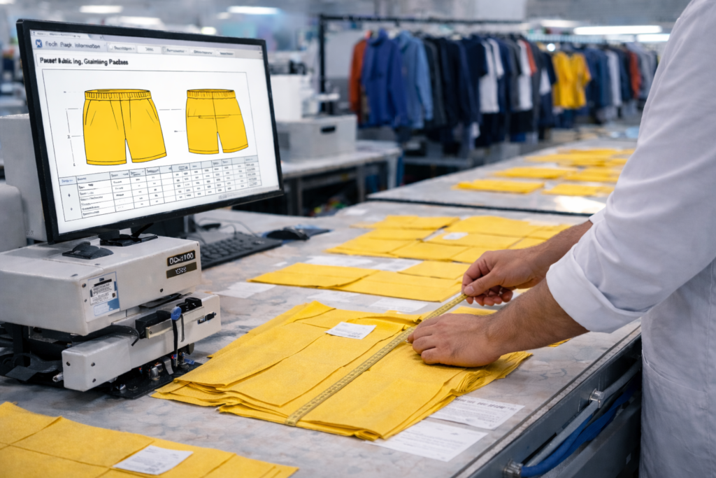 Worker measuring fabric with tape during pattern making and grading at Starlet International sportswear factory in Sialkot Pakistan