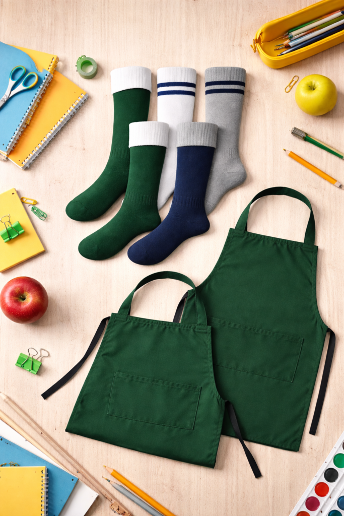 School uniform accessories including apron and socks