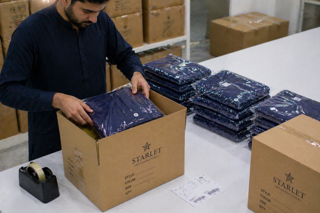 Worker packing sportswear garments into boxes at Starlet International manufacturing facility in Pakistan