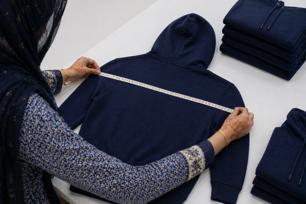 Worker measuring hoodie for quality control at Starlet International sportswear manufacturing facility in Pakistan