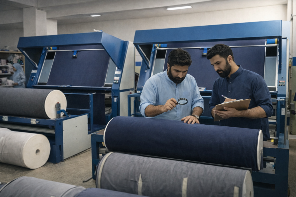 Fabric inspection process at Starlet International sportswear manufacturing facility in Sialkot Pakistan